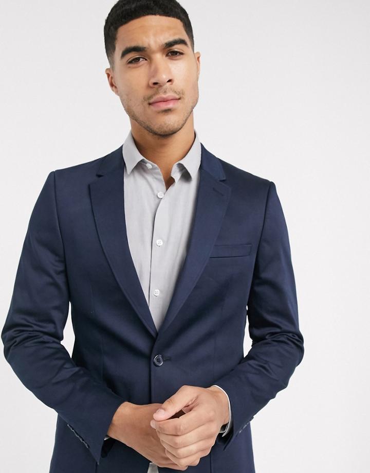 Asos Design Skinny Blazer In Navy Cotton
