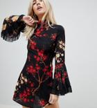 Parisan Petite High Neck Floral Dress With Flare Sleeve - Black