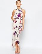 Little Mistress Wrap Front Midi Dress With Belt - Nude Floral Print