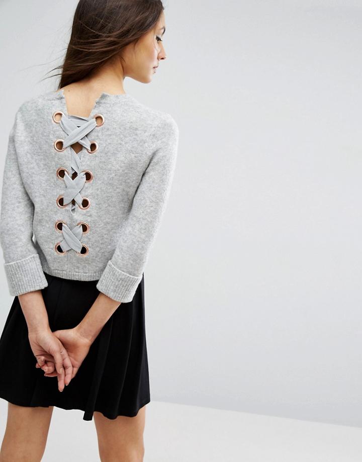 Asos Cropped Sweater With Lace Up Back - Gray