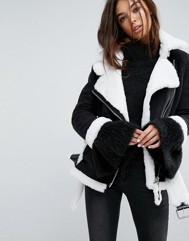 Story Of Lola Faux Shearling Jacket With Contrast Seams - Black