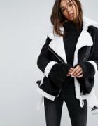Story Of Lola Faux Shearling Jacket With Contrast Seams - Black