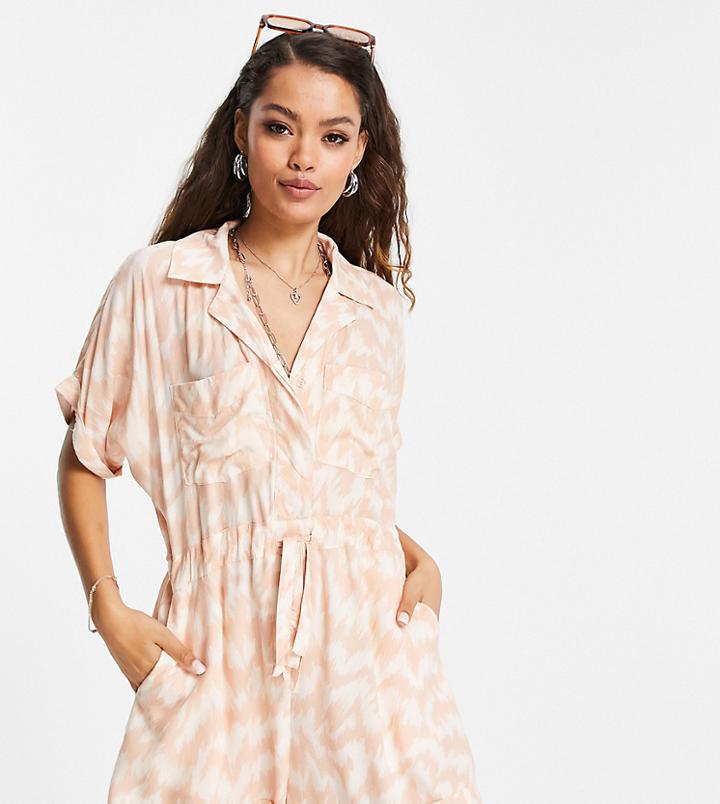 Topshop Petite Printed Gathered Waist Romper In Peach-orange