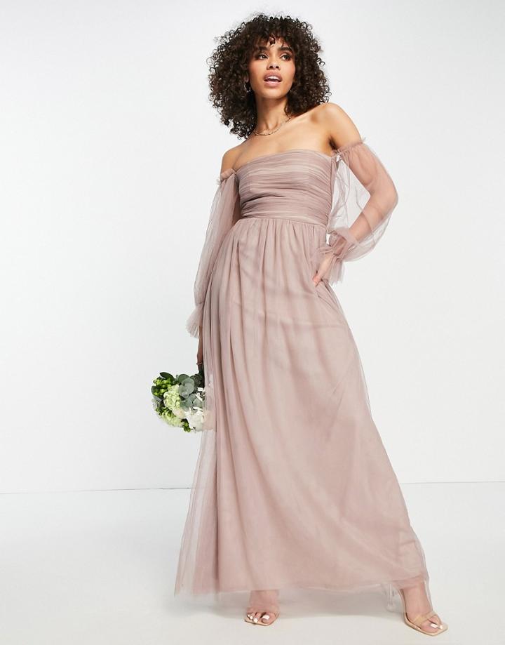 Little Mistress Bridesmaid Bardot Maxi Dress In Mink-pink