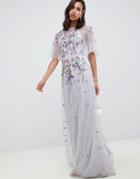 Asos Design Bridesmaid Floral Embroidered Dobby Mesh Flutter Sleeve Maxi Dress - Gray