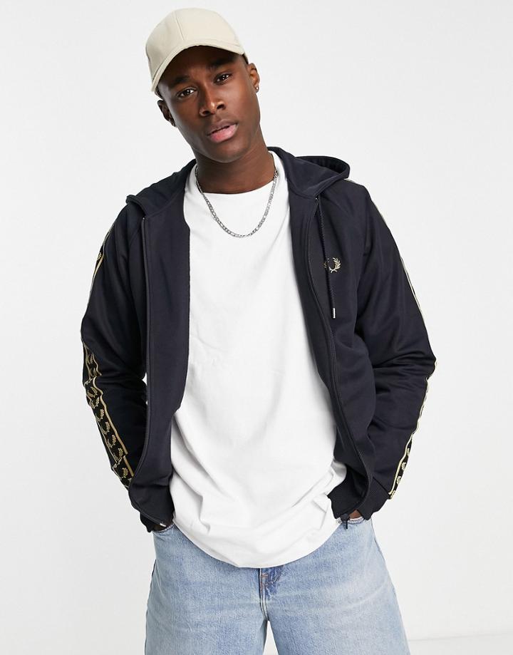 Fred Perry Gold Taped Zip Through Hoodie In Navy