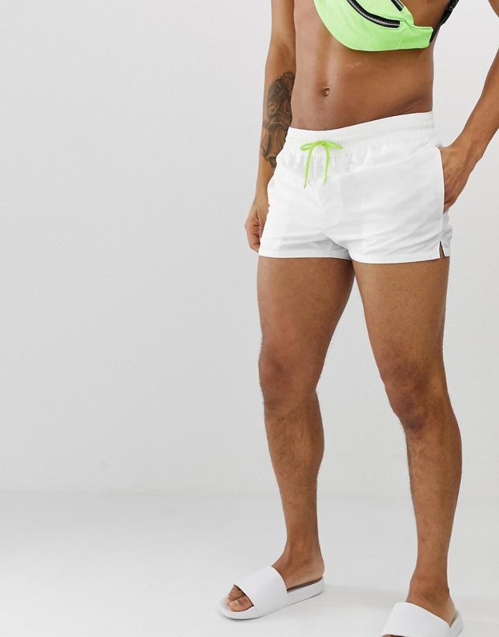 Asos Design Swim Shorts In White With Neon Drawcord Super Short Length - White