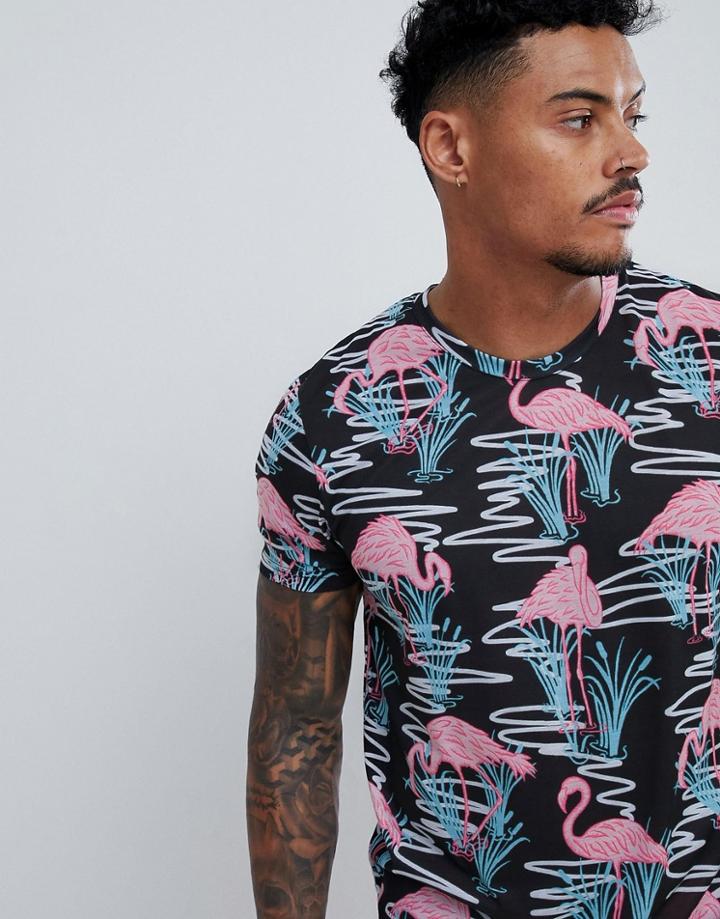 Urban Threads Flamingo Print T-shirt - Black