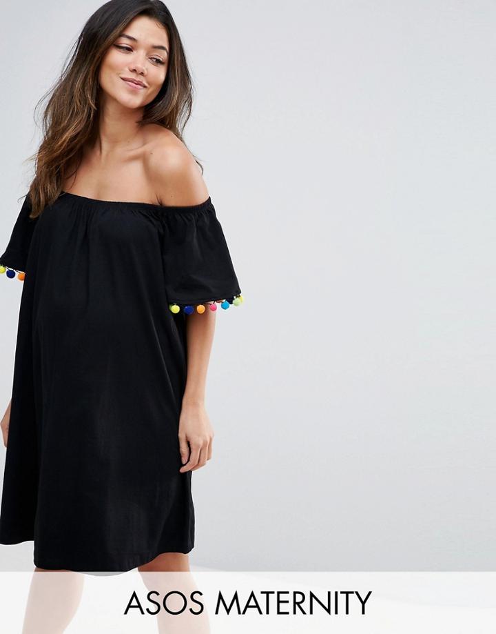 Asos Maternity Off Shoulder Pom Pom Sundress - Black