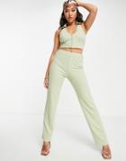 Asos Design Jersey Linen Look Suit Straight Leg Pant In Sage - Part Of A Set-green