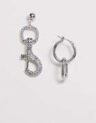 Asos Design Earrings With Link Drop And Crystal Clasp In Silver Tone - Multi