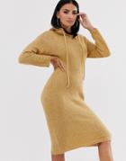 Asos Design Hooded Midi Dress In Borg Yarn - Stone