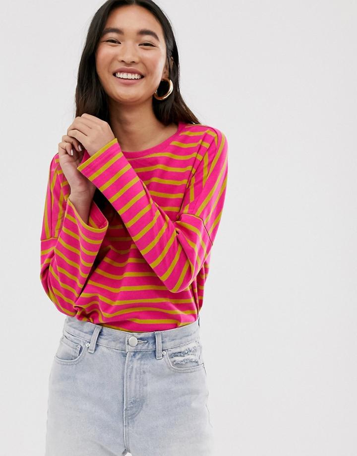 Monki Oversized Wide Sleeve Crew Neck Top In Pink And Mustard Stripe
