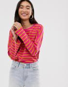 Monki Oversized Wide Sleeve Crew Neck Top In Pink And Mustard Stripe