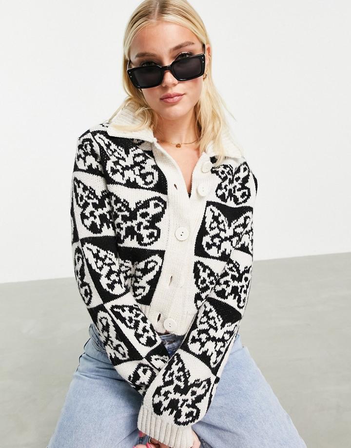 Stradivarius Butterfly Pattern Cardigan In Mono-multi