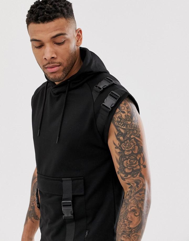 Soul Star Sleeveless Utility Harness Hoodie In Black - Black