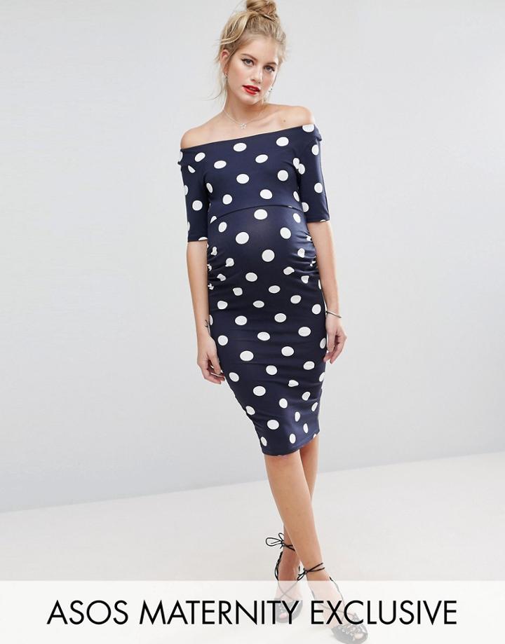 Asos Maternity Bardot Dress With Half Sleeve In Spot - Navy