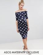 Asos Maternity Bardot Dress With Half Sleeve In Spot - Navy