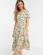 Influence Tiered Smock Midi Dress In Stone Abstract Print-green
