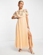 Asos Design Pleated Textured Cowl Front Embroidered Maxi Dress With Belt In Coral-orange