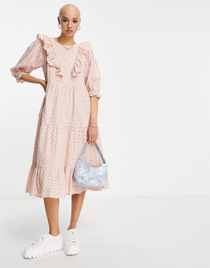 Miss Selfridge Eyelet Midi Dress In Pink