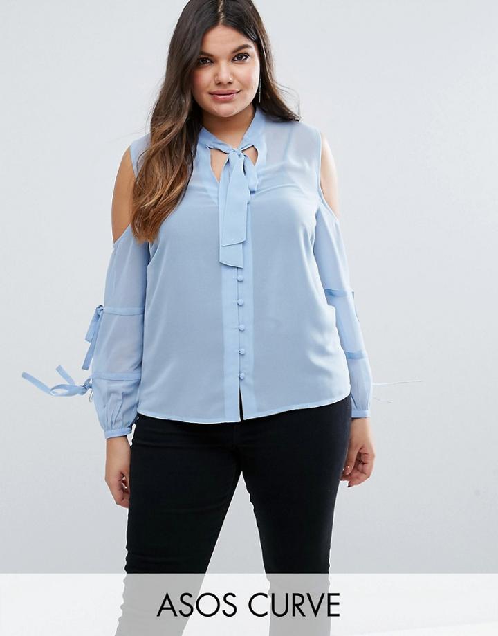Asos Curve Pussy Bow Blouse With Cold Shoulder And Tie Sleeve - Blue