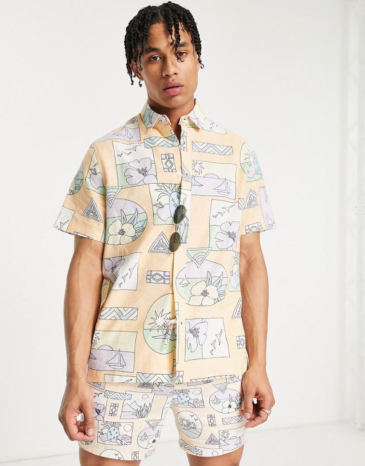 Asos Design Relaxed Shirt In Linen Mix With Postcard Print - Part Of A Set-pink