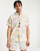 Asos Design Relaxed Shirt In Linen Mix With Postcard Print - Part Of A Set-pink