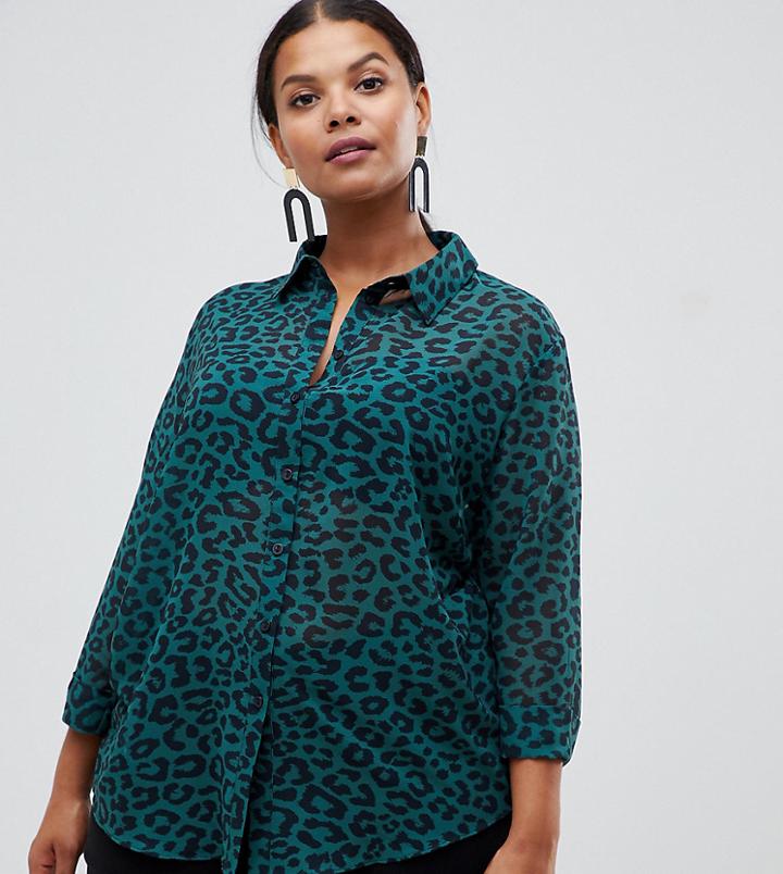 Asos Design Curve Sheer Shirt In Green Leopard Print - Green