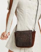 Urbancode Leather Croc Flap Crossbody Bag In Dark Brown