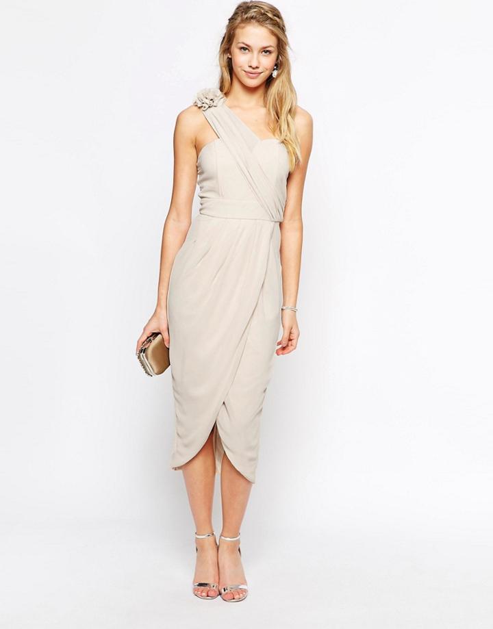 Tfnc One Shoulder Pencil Dress With Wrap Skirt And Corsage Detail - Cr