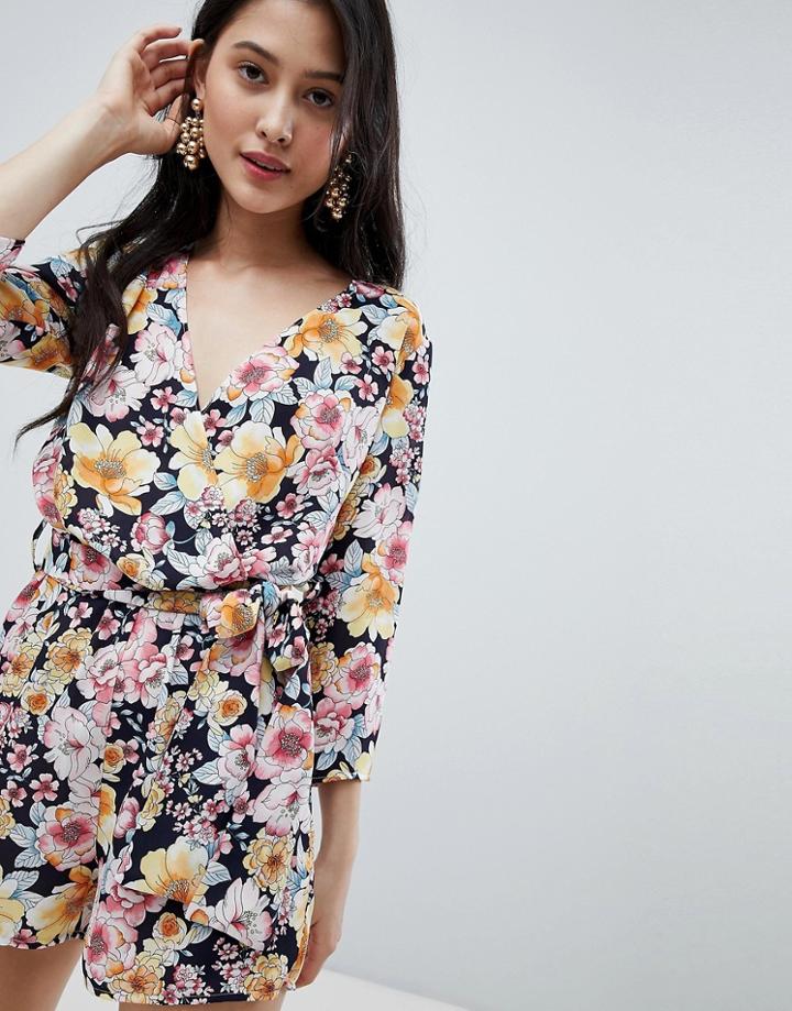 Oh My Love Wrap Front 3/4 Sleeve Romper In Floral Print - Multi