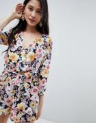 Oh My Love Wrap Front 3/4 Sleeve Romper In Floral Print - Multi