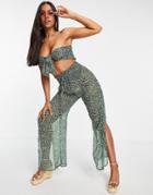South Beach Paisley Chiffon Bandeau Tie Front Top And Loose Fitting Pants Set In Green