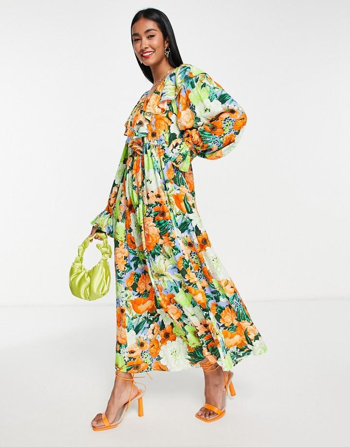 Asos Edition Oversized V Neck Maxi Dress With Ruffle In Neon Floral Print-multi