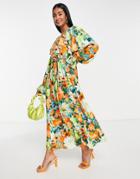 Asos Edition Oversized V Neck Maxi Dress With Ruffle In Neon Floral Print-multi