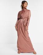 Asos Design High Neck Draped Satin Maxi Dress-neutral