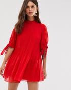 Asos Design Pleated Trapeze Mini Dress With Tie Sleeves - Red
