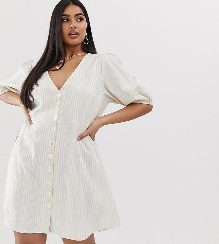 Neon Rose Plus Button Front Mini Dress In Linen Stripe - Gray