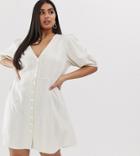 Neon Rose Plus Button Front Mini Dress In Linen Stripe - Gray