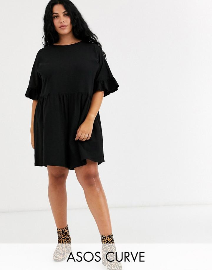Asos Design Curve Smock Romper With Frill Sleeve-black