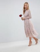 Asos Design Bridesmaid Lace Long Sleeve Midi Prom Dress - Beige