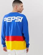 Asos Design Pepsi Oversized Long Sleeve T-shirt Wih Color Blocking And Back Print - Blue