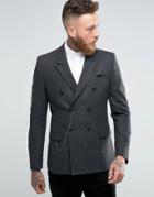 Asos Skinny Double Breasted Blazer In Gray Herringbone With Watch Chain - Gray