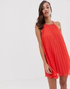 Asos Design Pleated Mini Trapeze Dress With Lace Up Back Detail - Red