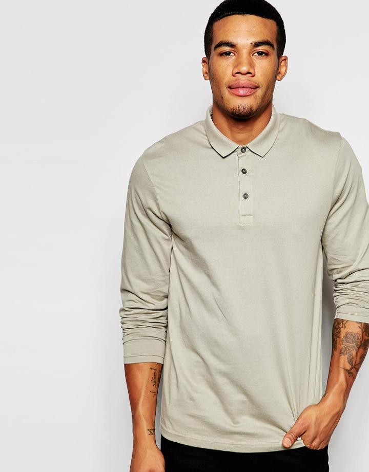 Asos Long Sleeve Jersey Polo In Stone - Aluminium