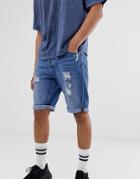 Only & Sons Abrasion Detail Denim Shorts In Mid Blue - Blue