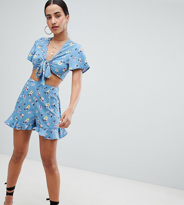 Boohoo Floral Ruffle Hem Shorts - Blue