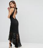 Jarlo Tall Allover Cutwork Lace High Low Maxi Dress With Tie Neck Detail - Black