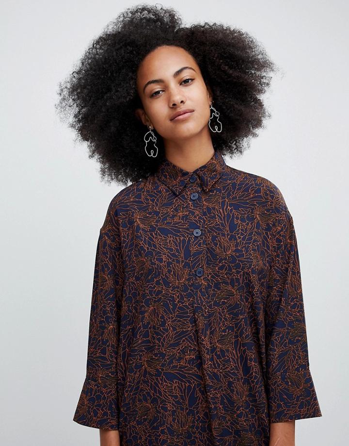 Monki Amy Dress Dark Blue Hand Drawn Flower - Blue